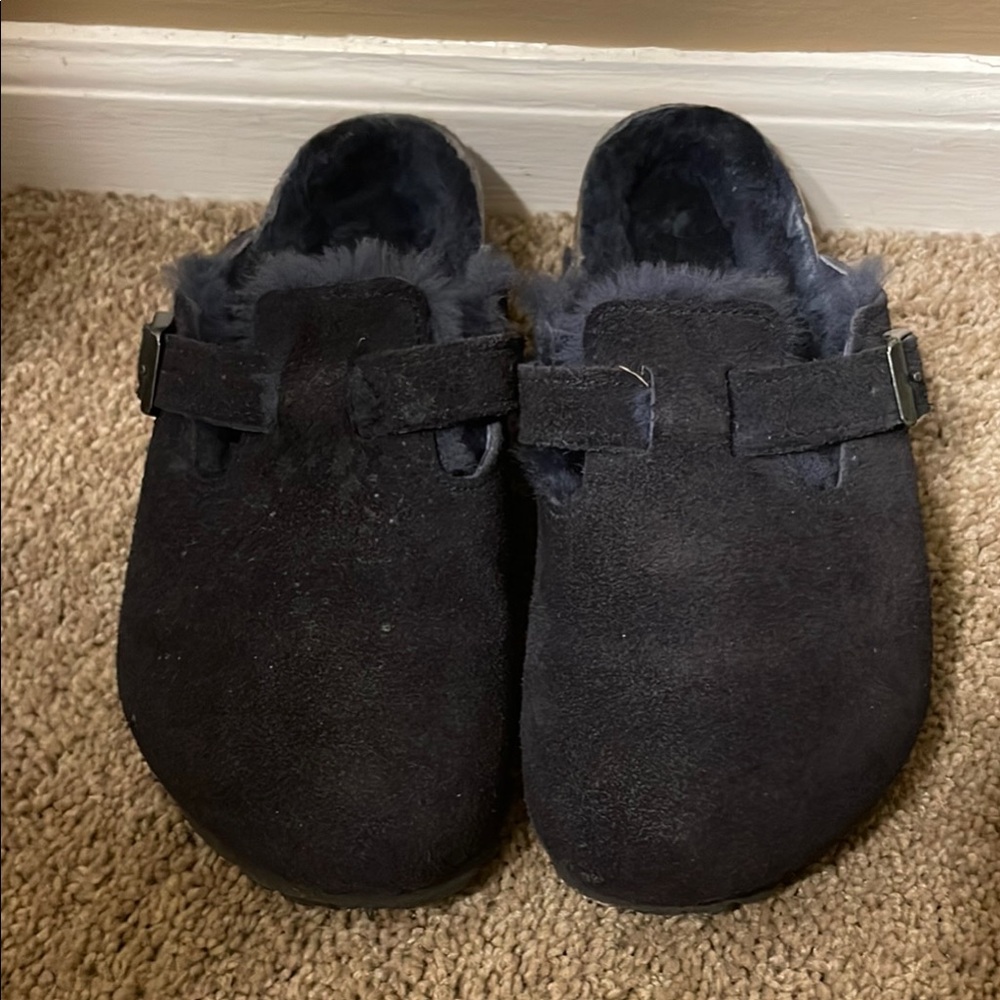 Birkenstock Blue Suede Shearling Mules